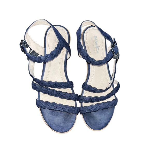 Coach and Four Blue Suede Sandals Sz 8.5 Braided Straps Buckle Block Heel - Picture 2 of 4